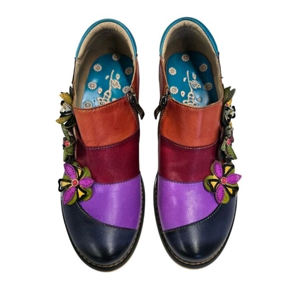 Socofy Women's Size 38 Floral Patchwork Leather Mary Jane Block Heel Shoes Zip - Picture 2 of 12